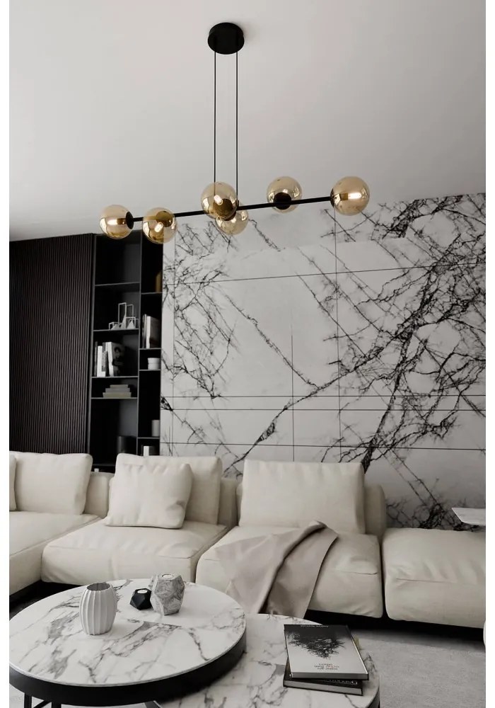 Lampadario a Sospensione in Acciaio e Vetro ROSSI 6 Nero 6xE14 Colore delle Sfere Ambrate