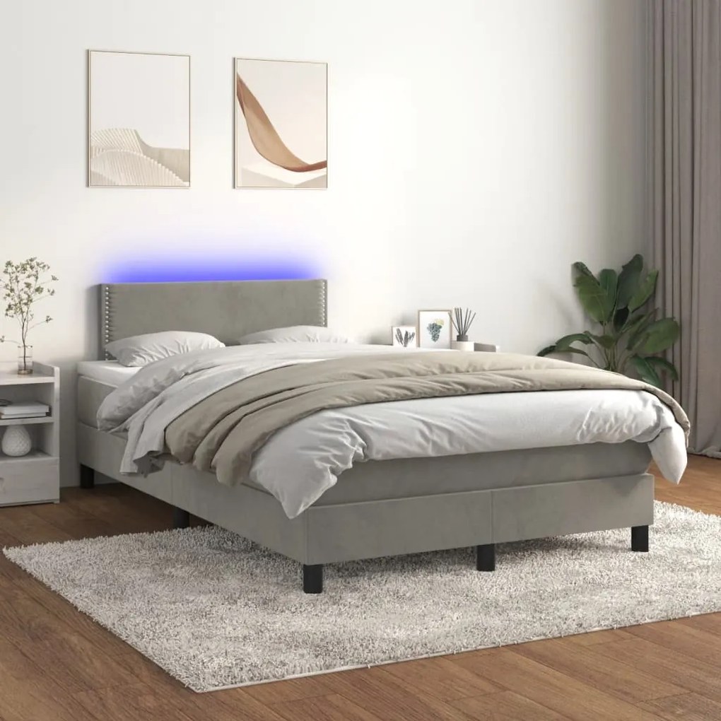 Letto a Molle Materasso e LED Grigio Chiaro 120x190 cm Velluto