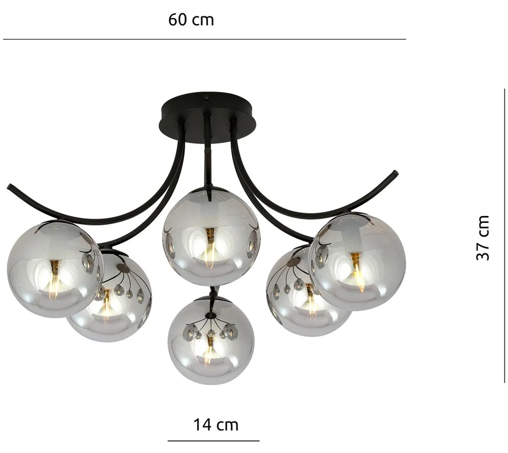 Plafoniera Moderna 6 Luci Coeo In Acciaio Nero E Diffusori In Vetro Fumè