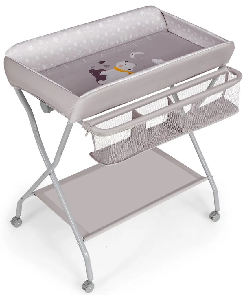 Costway Fasciatoio pieghevole per bambini con cesto ampio e mensola, Organizer nursery con ruote bloccabili Grigio