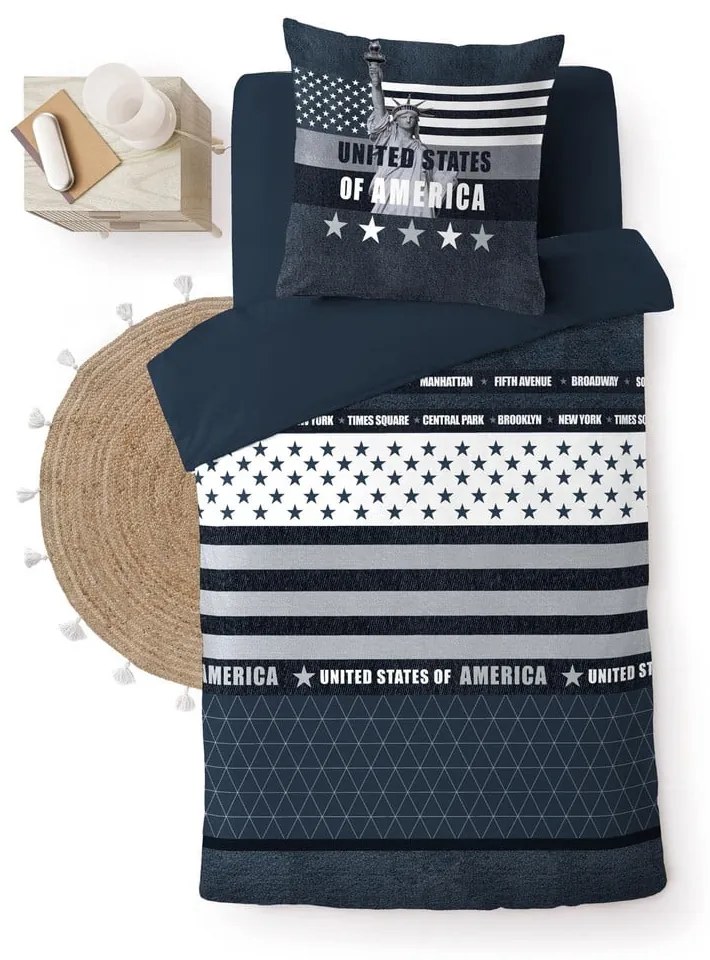 Set copripiumino e federa blu scuro in cotone per letto singolo 140x200 cm States – douceur d'intérieur
