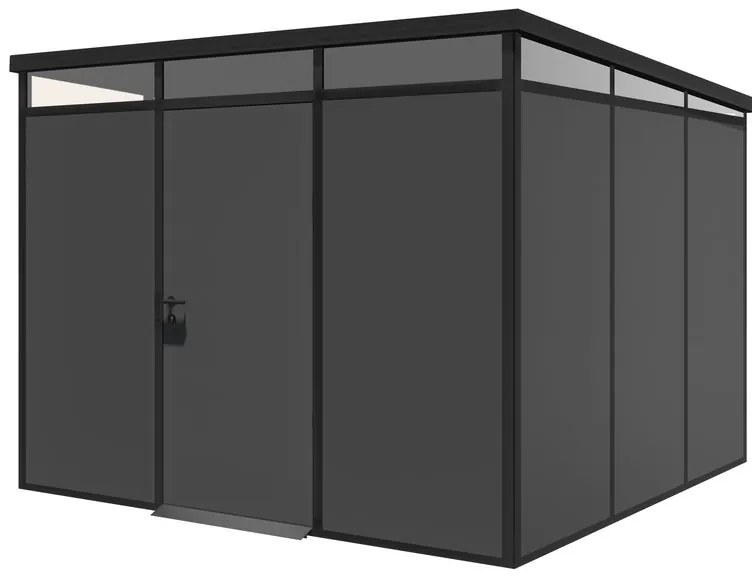 Casetta da giardino modulare coibentata 3x3mt in pvc antracite con porta battente semplice, superficie interna 8.53 m² e spessore parete 36 mm