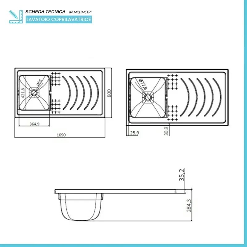 Vasca per lavatoio coprilavatrice 109x60 installazione reversibile