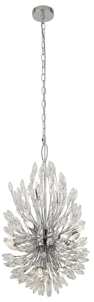 Lampadario Contemporaneo Pavone Acciaio Cromo Vetro Trasparente 14 Luci G9