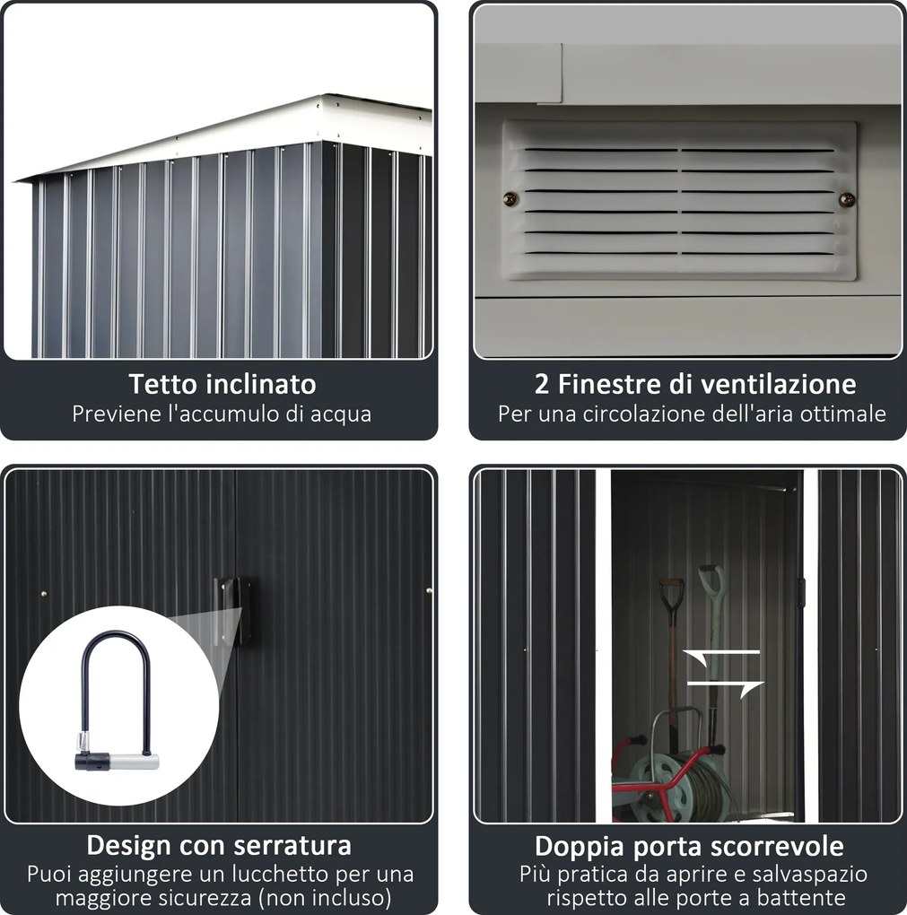 Casetta Box da Giardino in Lamiera per Deposito Attrezzi 277x130x173 cm  Grigio Scuro...