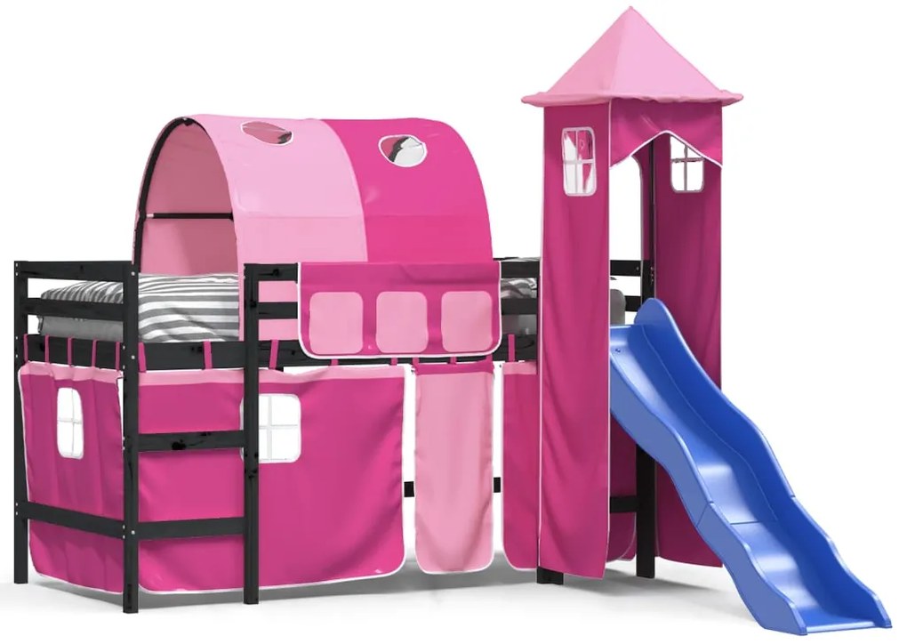 Letto a soppalco con torre bambini rosa 80x200cm massello pino
