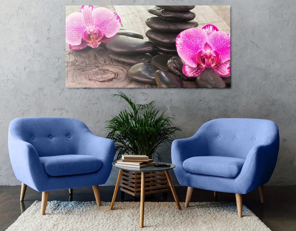 Quadro su tela – Orchidea e pietre Zen su sfondo in legno