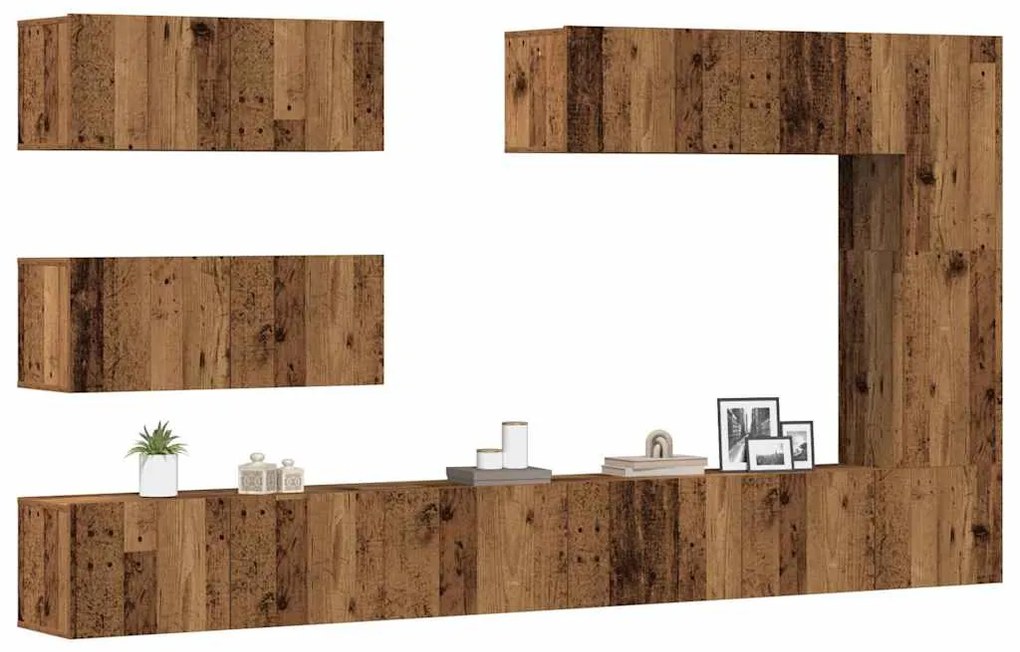 Set Mobile Tv 7 Pz Montato A Parete Legno Antico İn Truciolato /