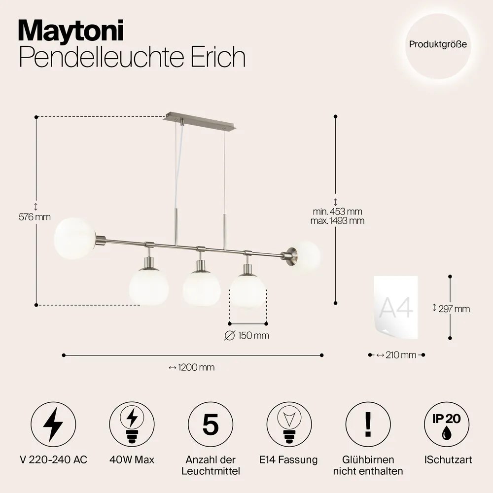 Lampadario Sospensione Erich Metallo Nichel 5 Luci E Diffusori Bianchi