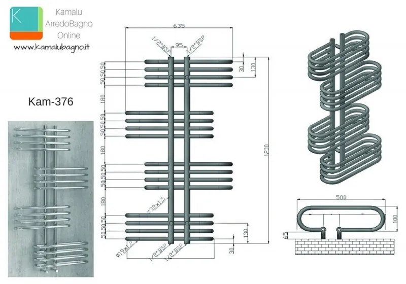 Kamalu - scaldabagno radiatore 500x1200mm modello kam-376