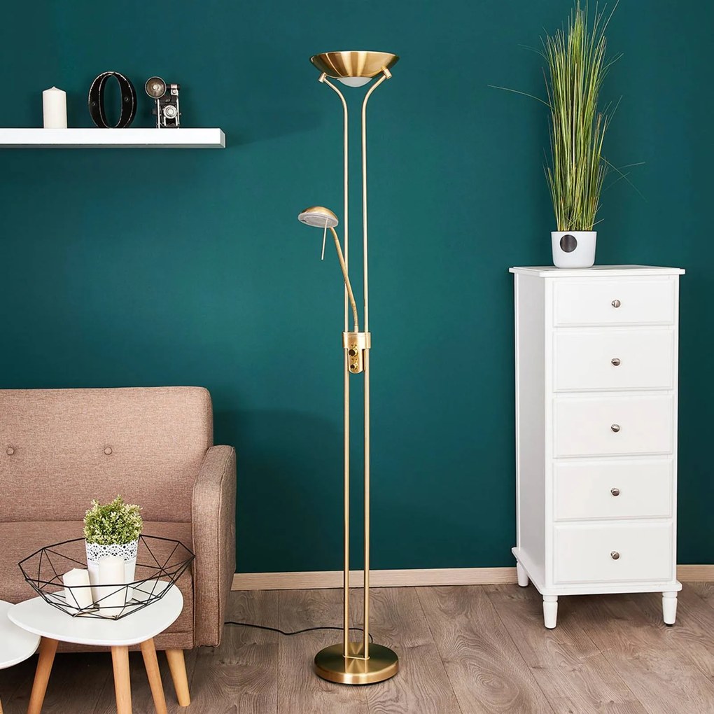 Lampada da terra con luce lettura Josefin Lindby, dimmerabile, Ottone / Oro, Soggiorno / Sala da pranzo, Metallo, Moderno, Lampada LED da terra