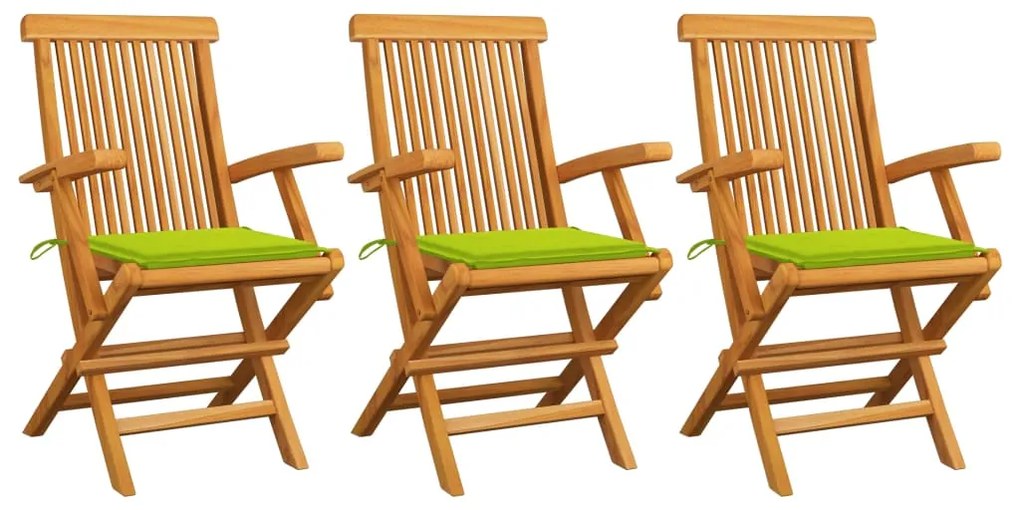 Sedie giardino con cuscini verde chiaro 3pz legno massello teak