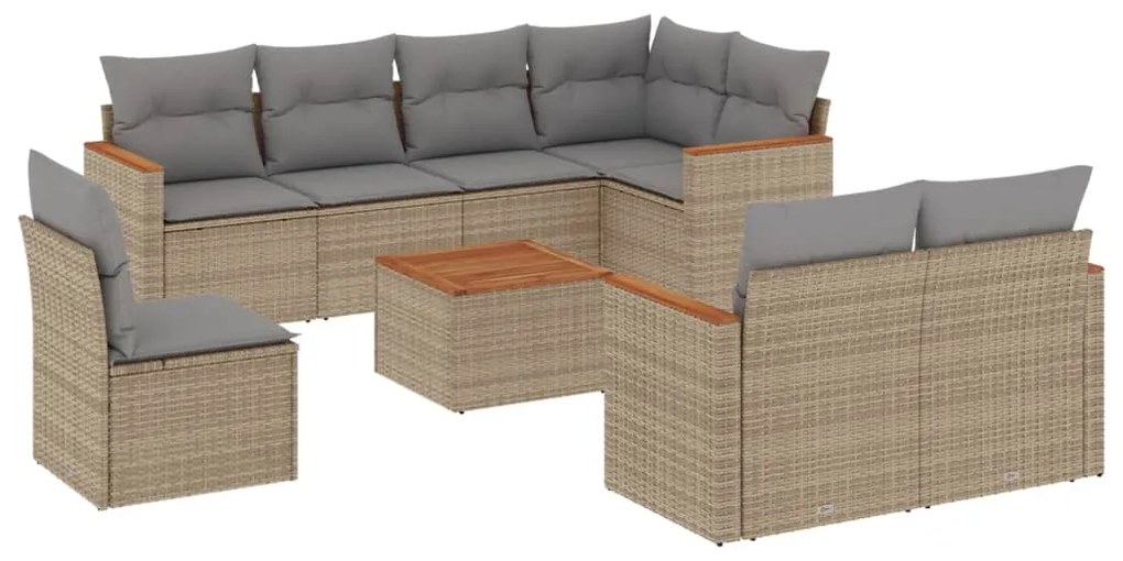 Set Divano da Giardino 9 pz con Cuscini Beige Misto Polyrattan