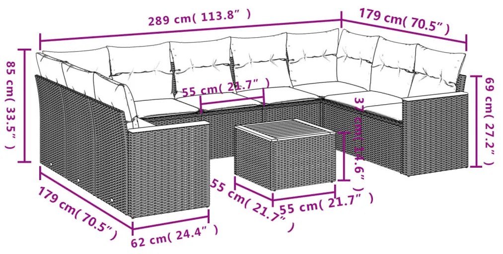 Set divano da giardino 10 pz con cuscini beige in polyrattan