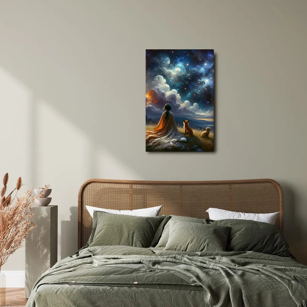 Quadro su tela – Figura con volpe e cane sotto le stelle