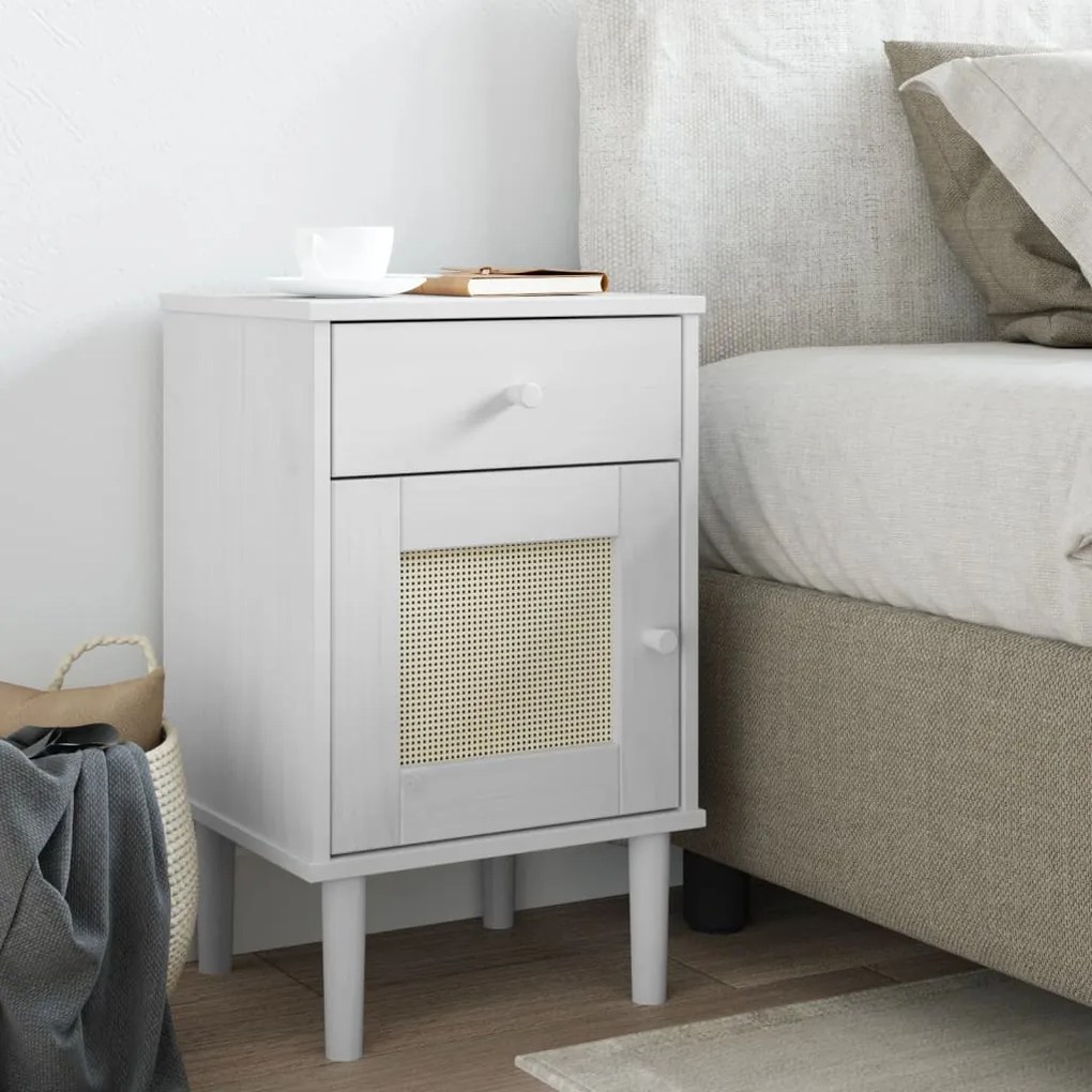 Comodino Senja Aspetto Rattan Bianco 40x35x65 Cm İn Legno Pino /