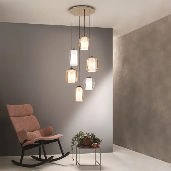 Lampada sospensione BONNIE con 6 diffusori in vetro soffiato 45 cm colorati