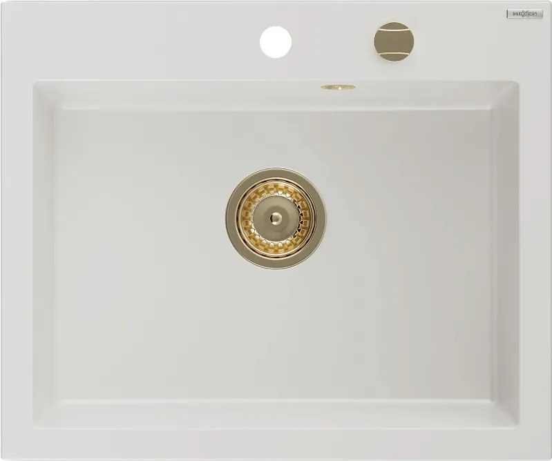 Mexen Elix lavello in granito 1-vasca 600 x 500 mm, bianco, sifone dorato - 6525601005-20-G