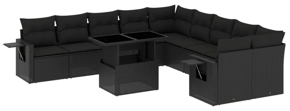 Set divani da giardino 11 pz con cuscini in polyrattan nero