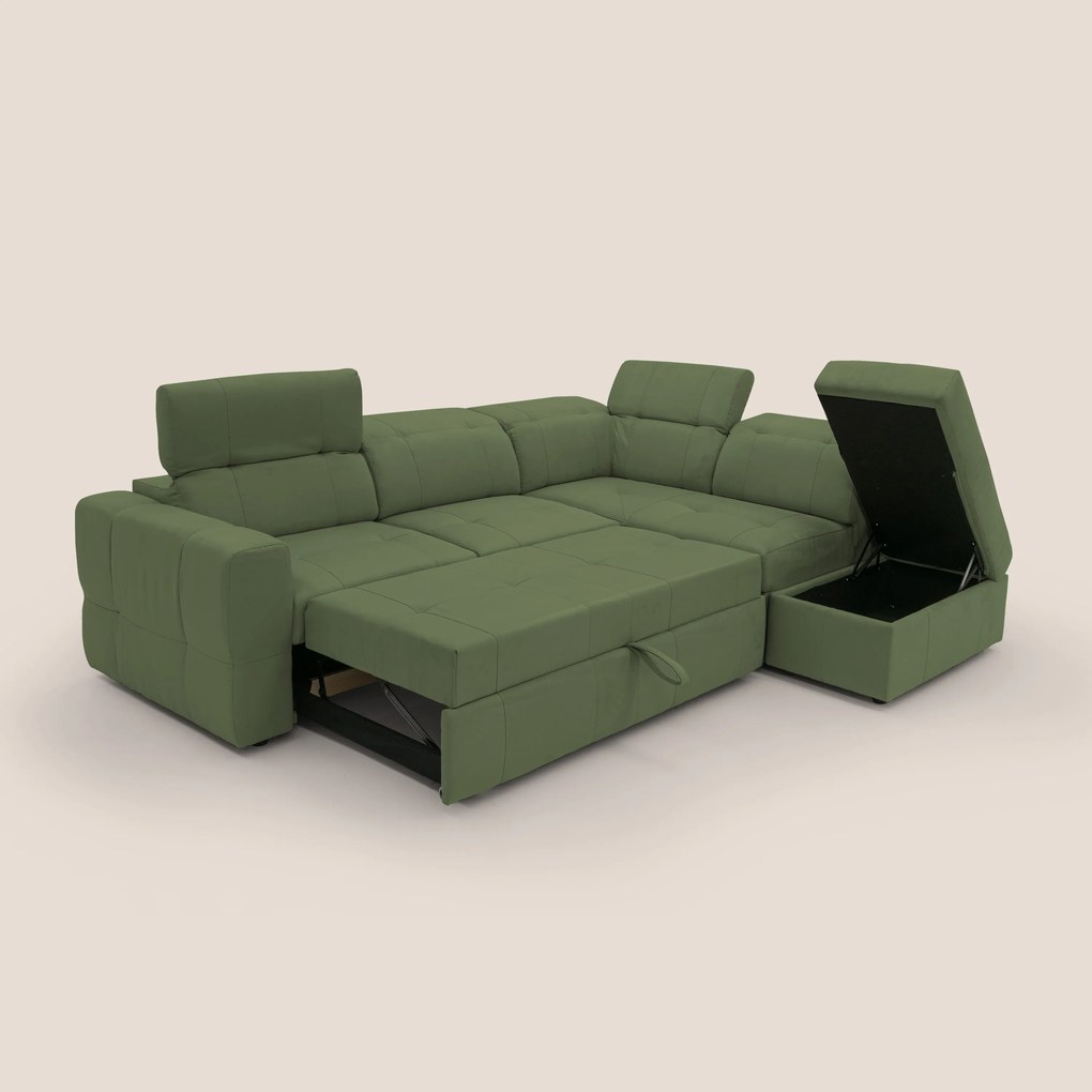 Kronos Divano angolare con poggiapiedi estraibile e pouf contenitore mobile in microfibra impermeabile T11 verde