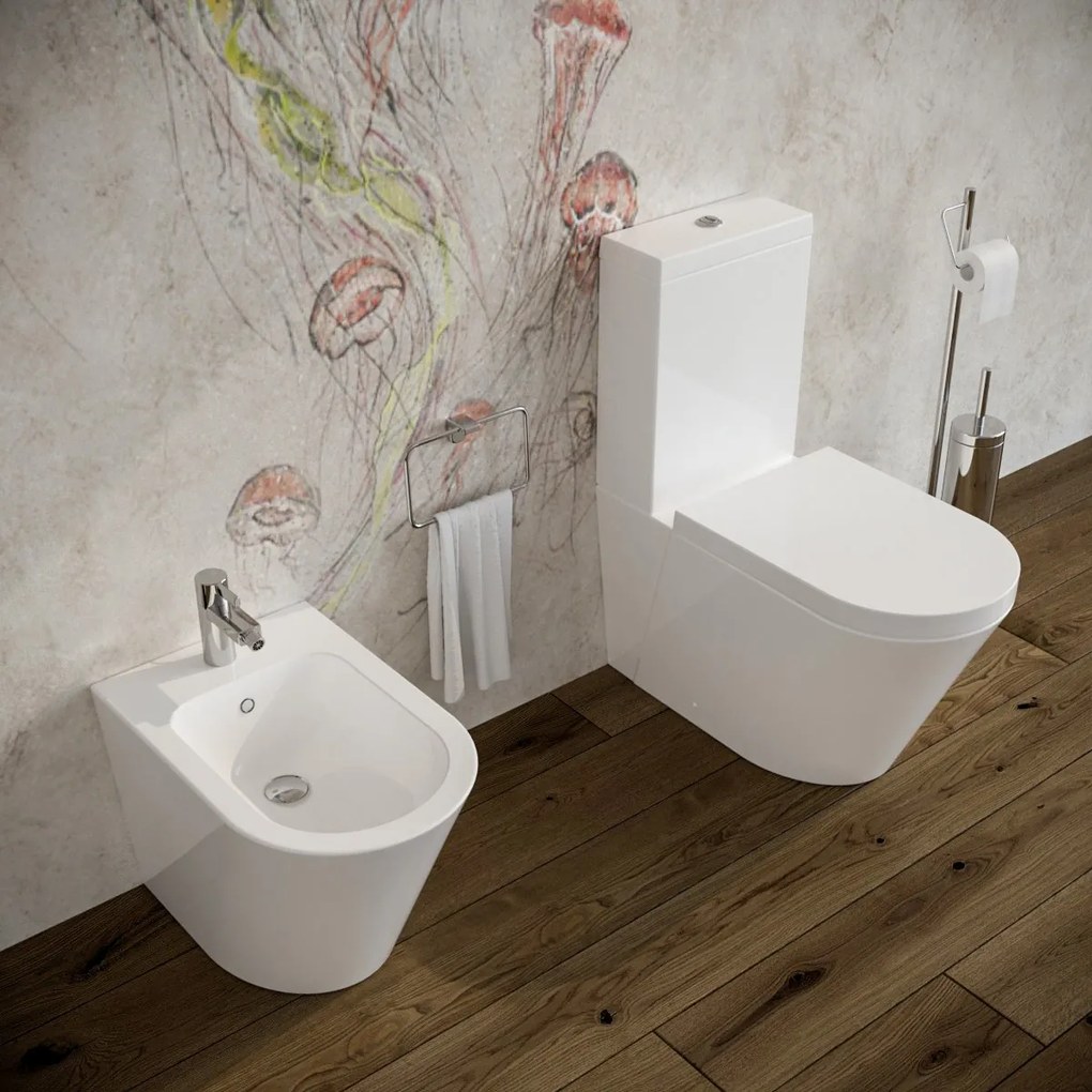Bidet e Vaso WC monoblocco Arco filo muro in ceramica completo di sedile softclose