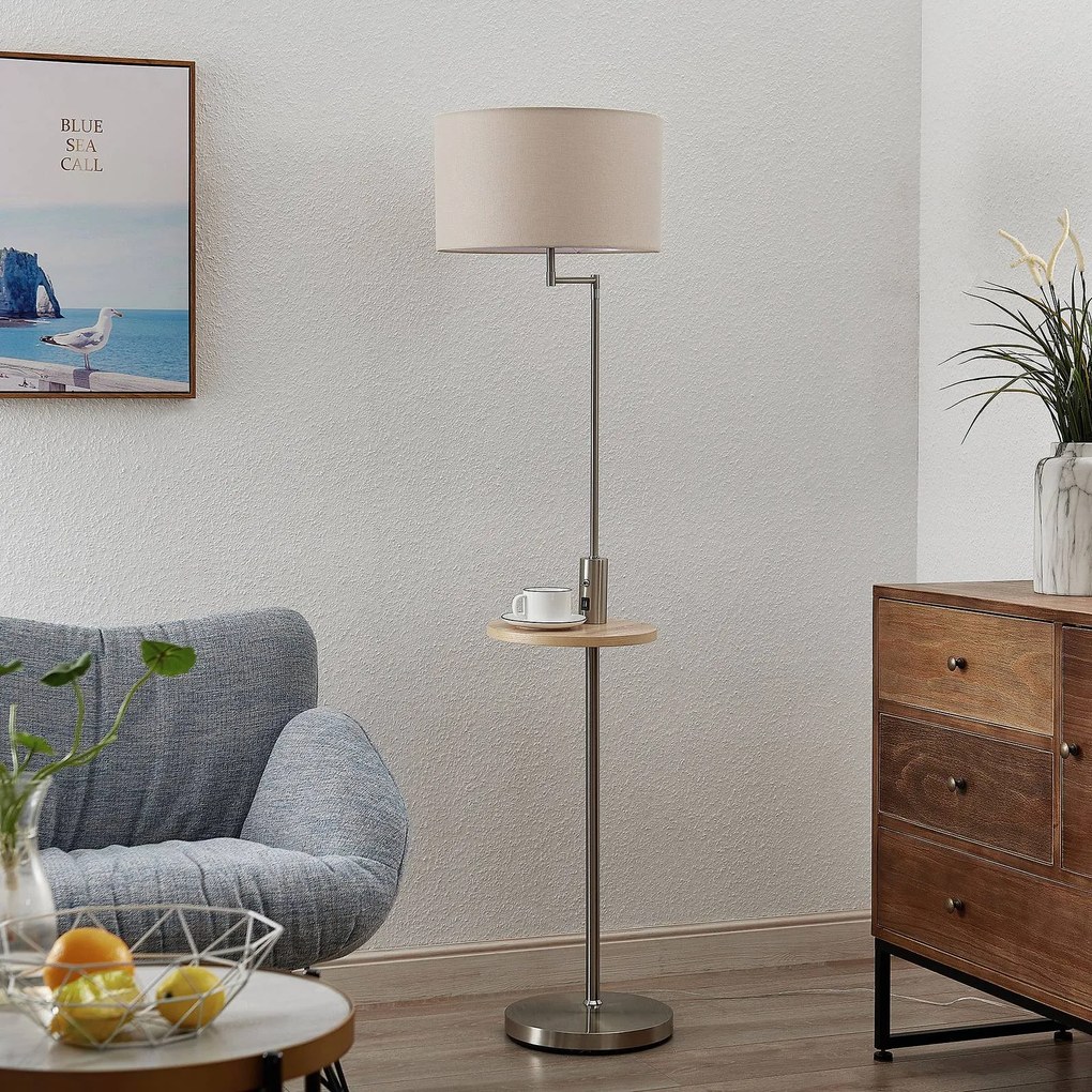 Lindby Zinia piantana con mensola e USB, nichel