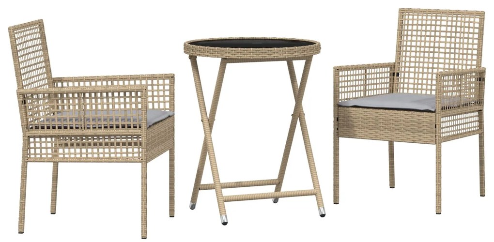 Set bistro da giardino a 3 pezzi con cuscini beige in polyrattan