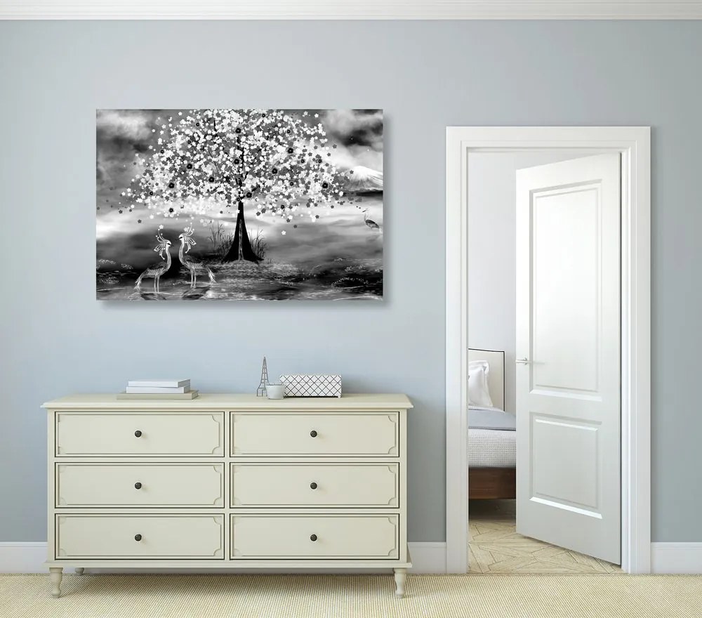 Quadro su tela – Aironi sotto un albero magico in bianco e nero