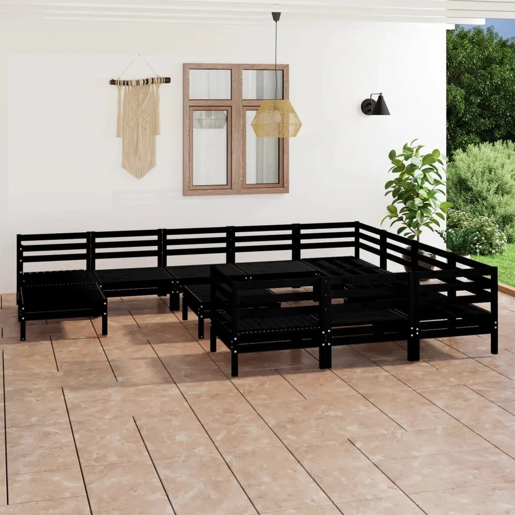 Set Salotto da Giardino 12 pz Nero in Legno Massello di Pino