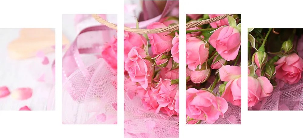 Quadri 5 pezzi – Bouquet romantico di rose rosa