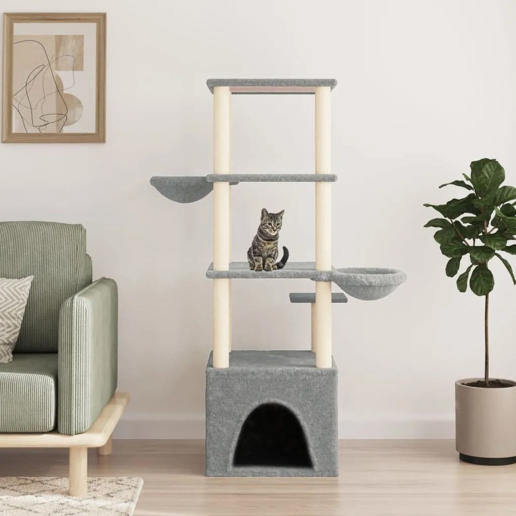 Albero per gatti con tiragraffi in sisal grigio chiaro 147 cm