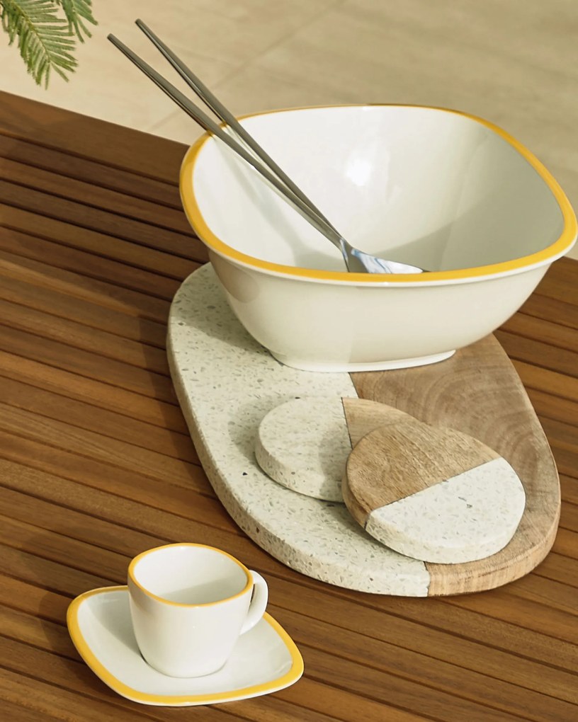 Kave Home - Tazza da caffè Odalin con piattino in porcellana bianca e gialla