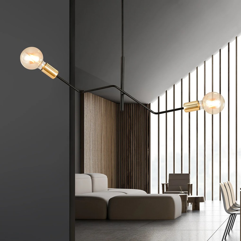 Sospensione Industrial 2 Luci Temi In Acciaio Nero E Oro Bracci Regolabili