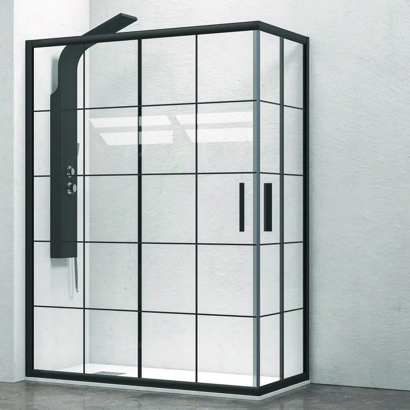 Box doccia 100x80 telaio nero opaco vetro a quadrati neri NICO-B1000 - KAMALU