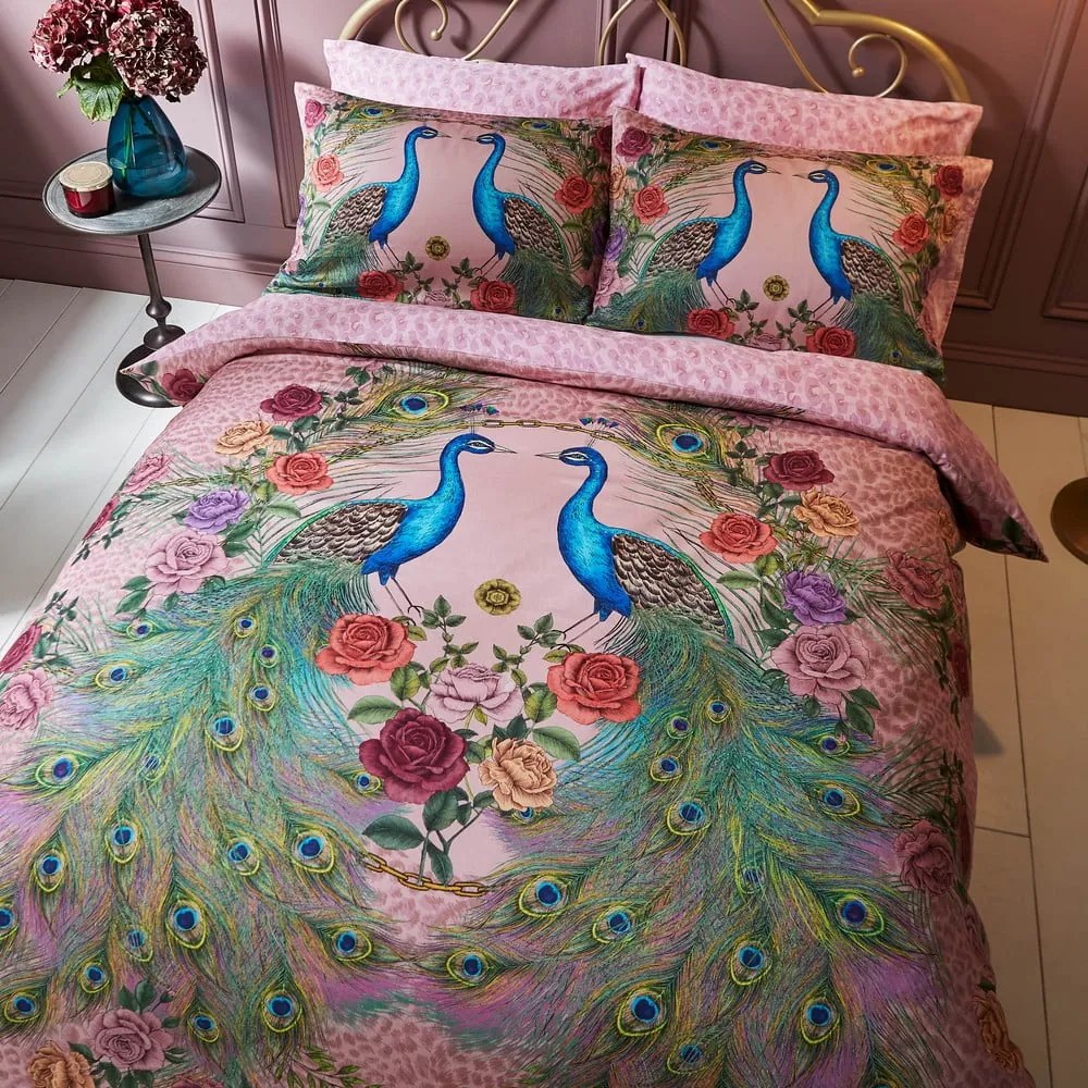 Set copripiumino e federa rosa in raso di cotone per letto matrimoniale e per letto esteso 230x220 cm Xanadu Peacock – Matthew Williamson