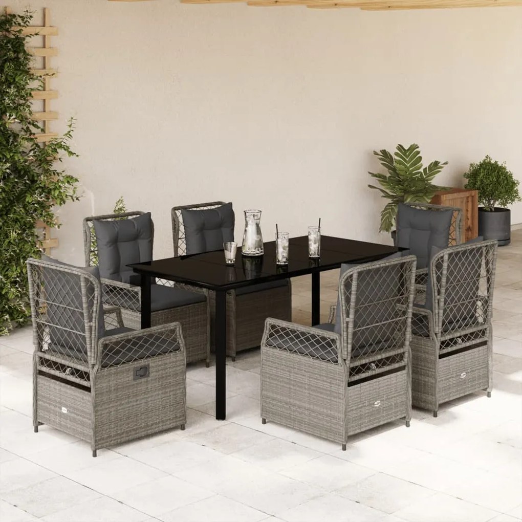 Set da pranzo da giardino 7 pz cuscini polyrattan grigio chiaro