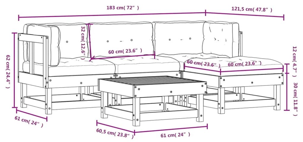 Set Divani da Giardino 5 pz con Cuscini in Legno Massello Nero