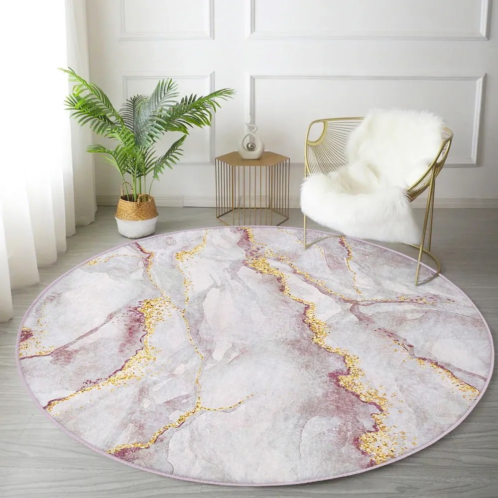 Tappeto rotondo rosa chiaro/dorato lavabile ø 80 cm Marble – Mila Home