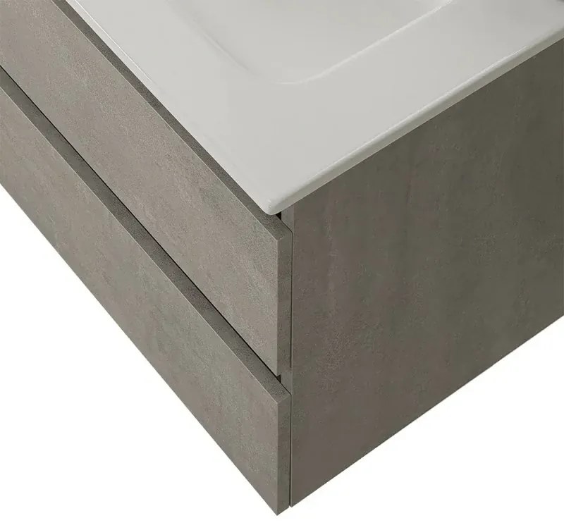 Mobile bagno sospeso 80 cm in legno grigio cemento 2 cassettoni con lavabo e specchio Leda