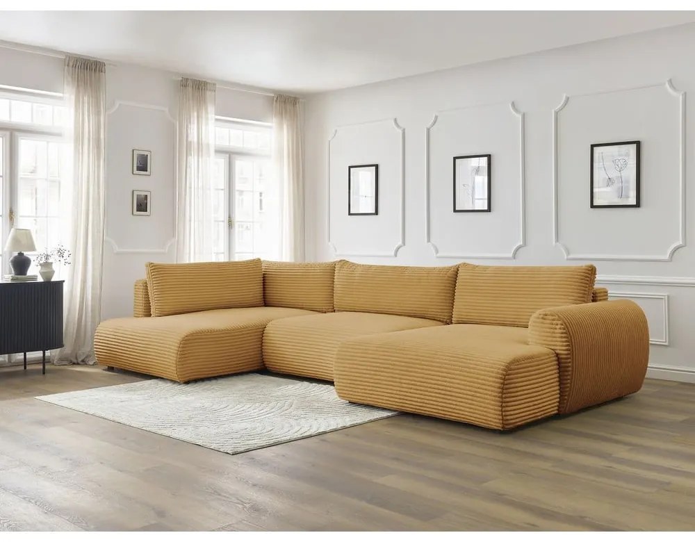 Divano angolare color senape allungabile/con contenitore (con penisola a sinistra/a U) con rivestimento in velluto a coste Lucien – Bobochic Paris