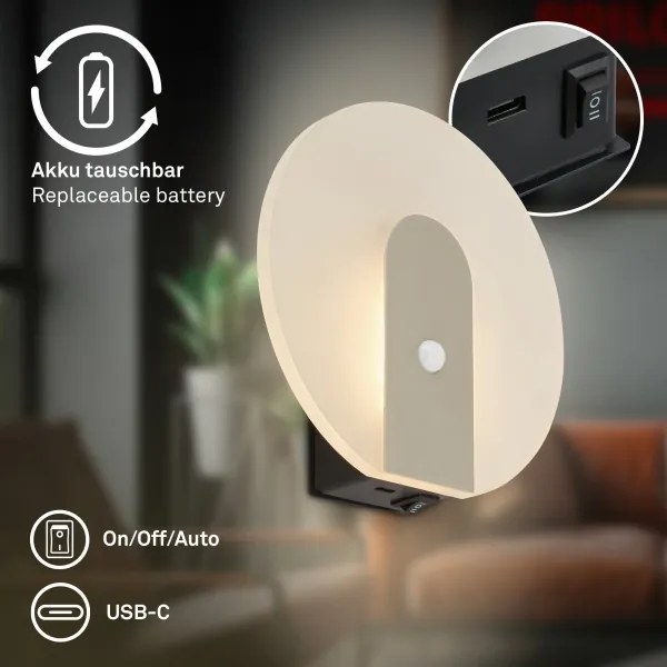 Briloner 3889012 - Applique ricaricabile a LED con sensore TARO LED/2,5W/5V 1800 mAh, finitura opaca