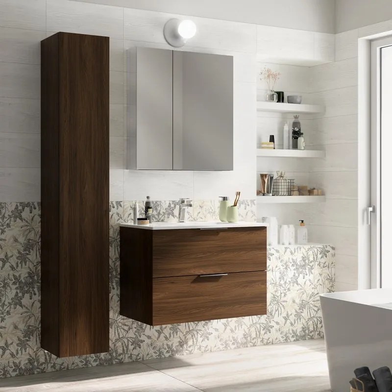 Mobile bagno sospeso con lavabo L 80 x H 72 x P 45 cm larice bianco 3 cassetti per vasca centrale Jnka