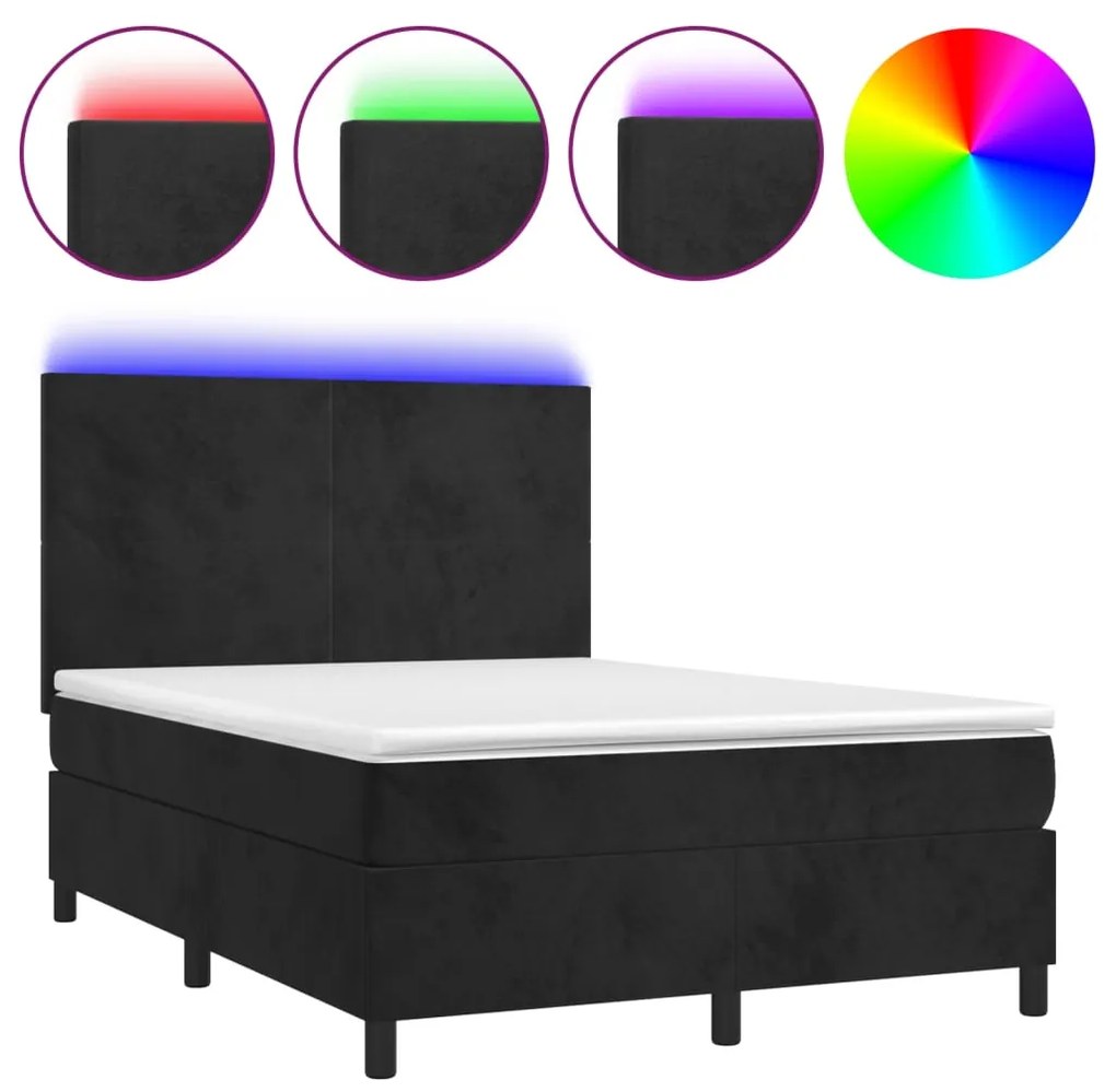 Letto a molle con materasso e led nero 140x190 cm in velluto