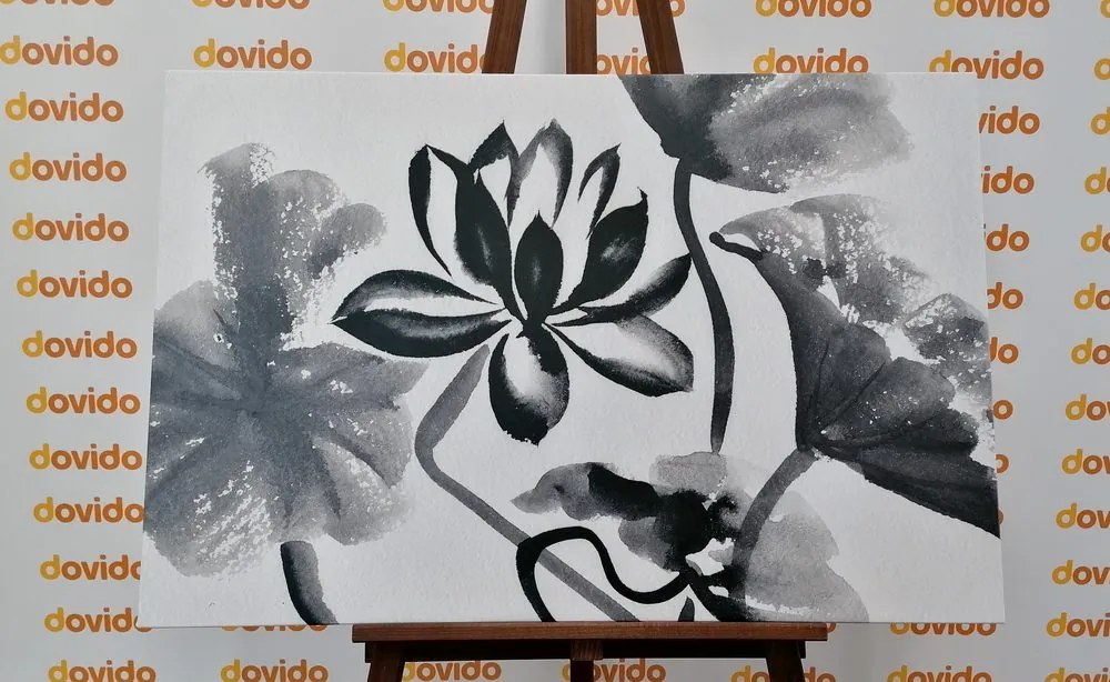 Stampa su tela – Fiore di loto acquerellato in bianco e nero