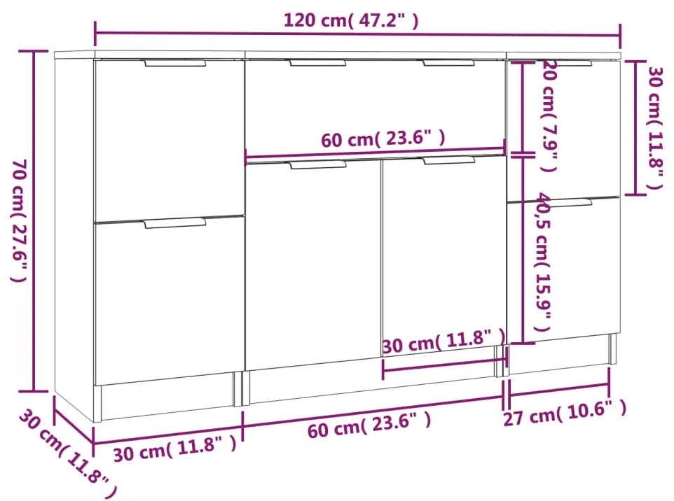 Credenze 3 pz Rovere Fumo in Legno Multistrato