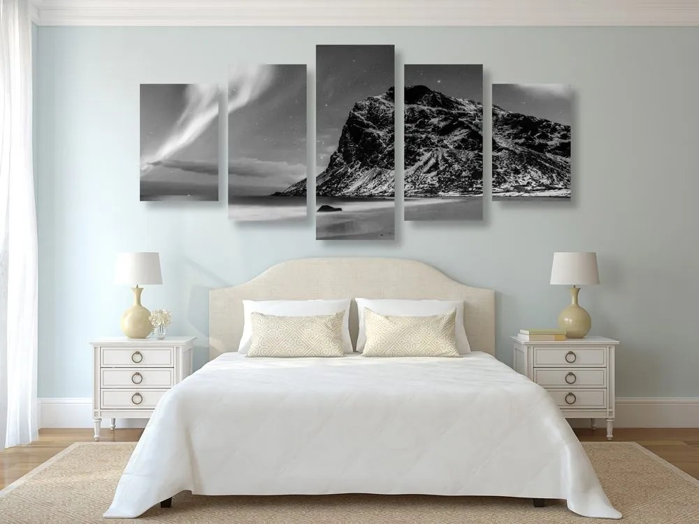 Quadri 5 pezzi – Aurora boreale in Norvegia in bianco e nero