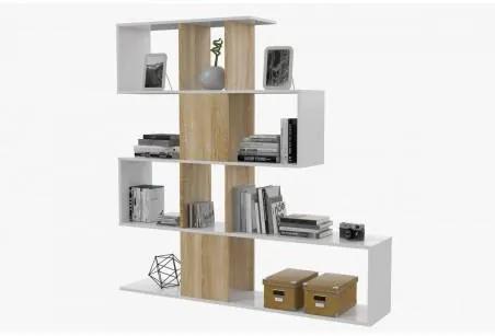 Libreria Damago, Mobile portalibri con 7 scomparti, Scaffale moderno da ufficio, Mobile da parete con ripiani, 145x29h145 cm, Bianco e Rovere
