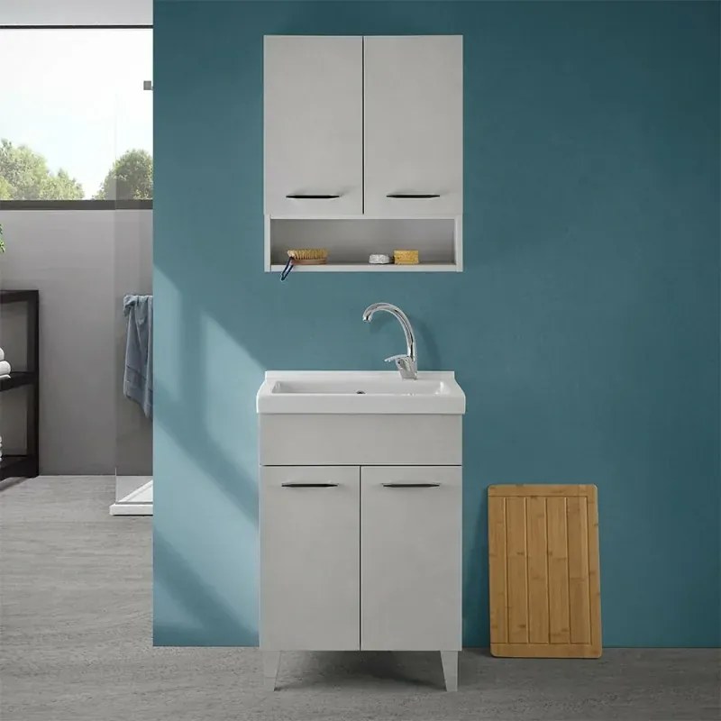 Mobile lavatoio 60x50 cm grigio calce vasca in ceramica e kit di scarico Moon