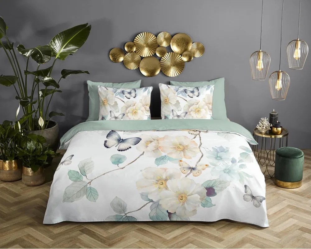 Set copripiumino e federa bianco/verde in raso di cotone per letto singolo ed esteso 140x220 cm Adiwanya – Descanso