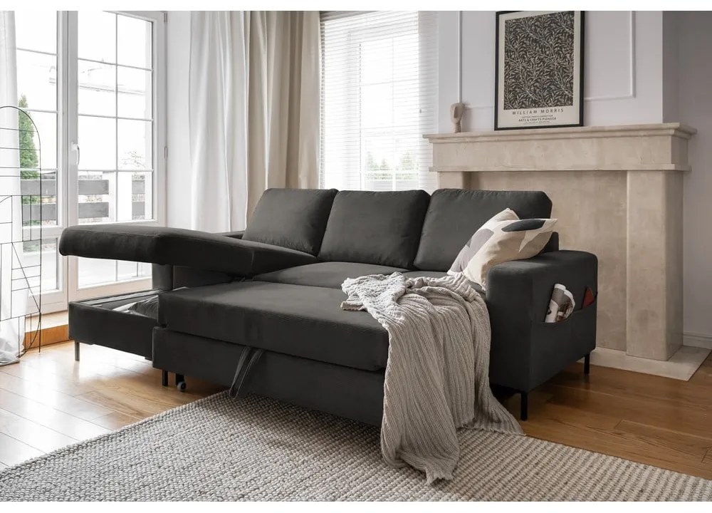 Divano letto in velluto a coste grigio scuro (angolo sinistro) Lofty Lilly - Miuform